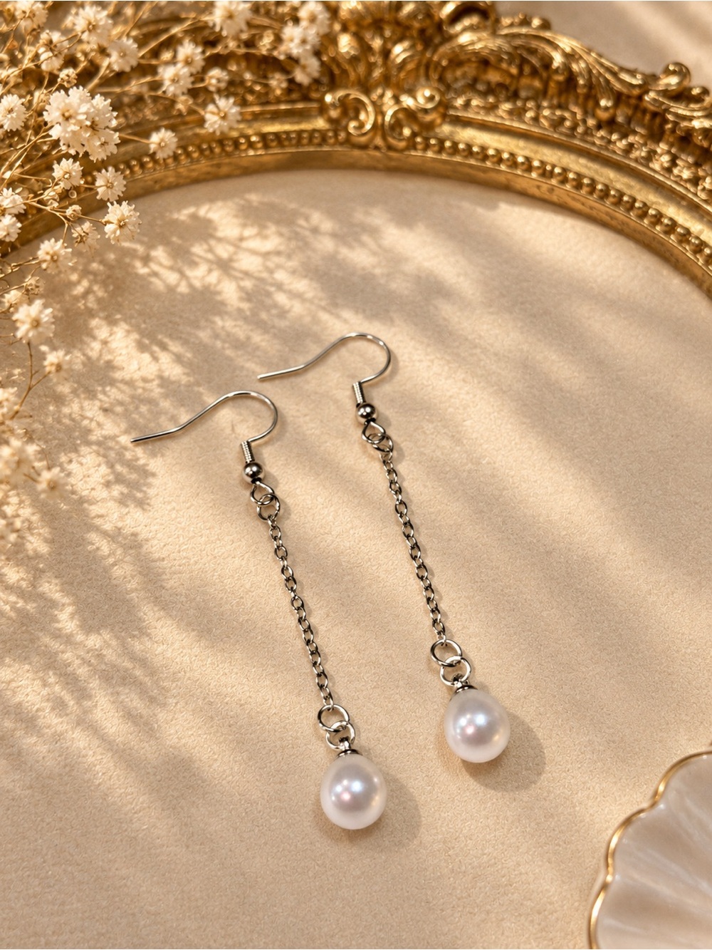 Delicate Pearl Drop Chain Earrings - White Pearls